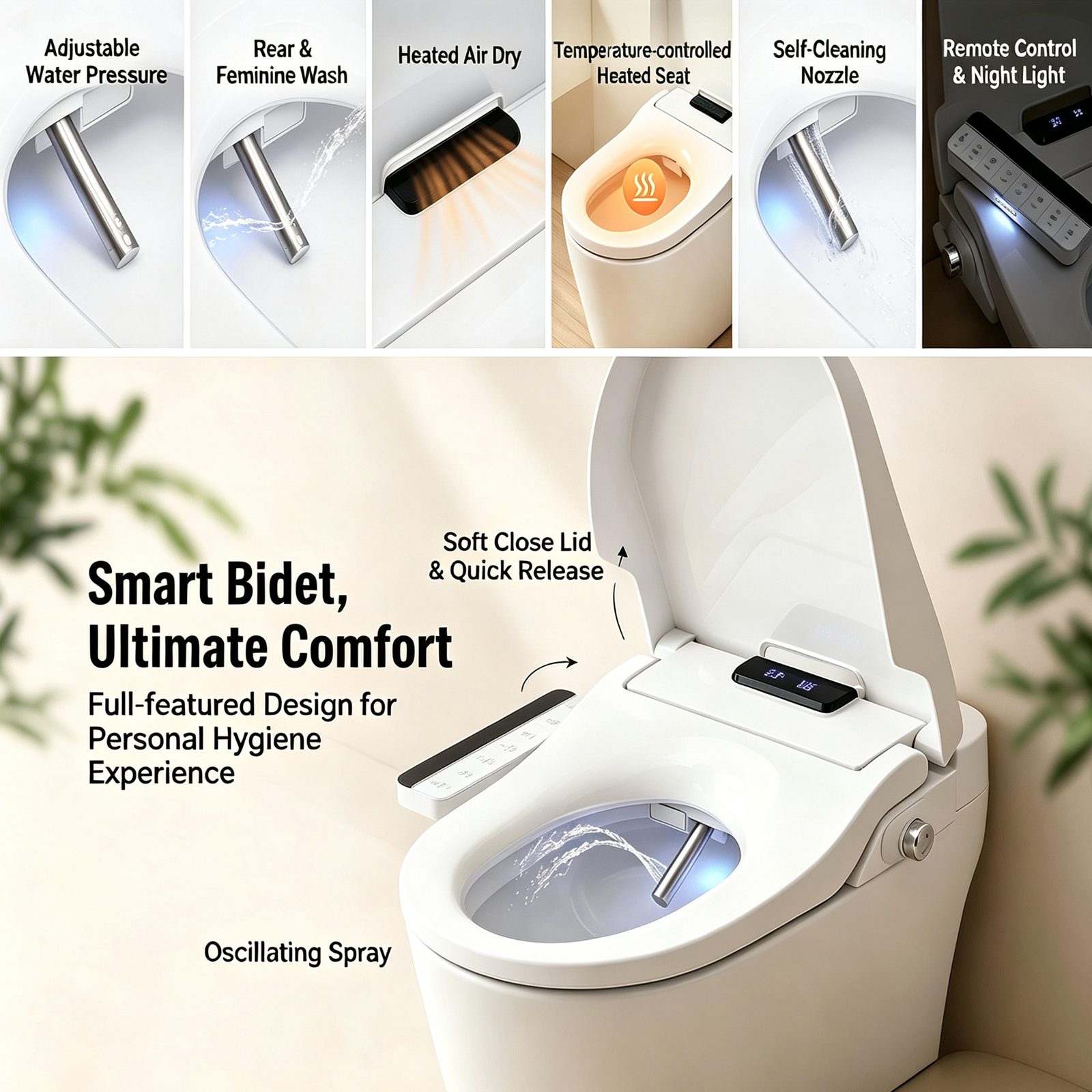 Smart bidet comfort features collage